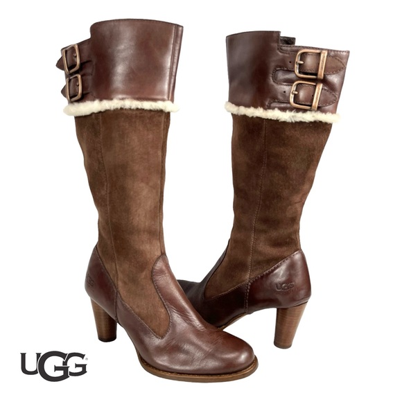 UGG | Women’s 6‎ | Raya Brown Suede Leather Sheep Fur Trim 2.75” High Heel Boots - Picture 1 of 16